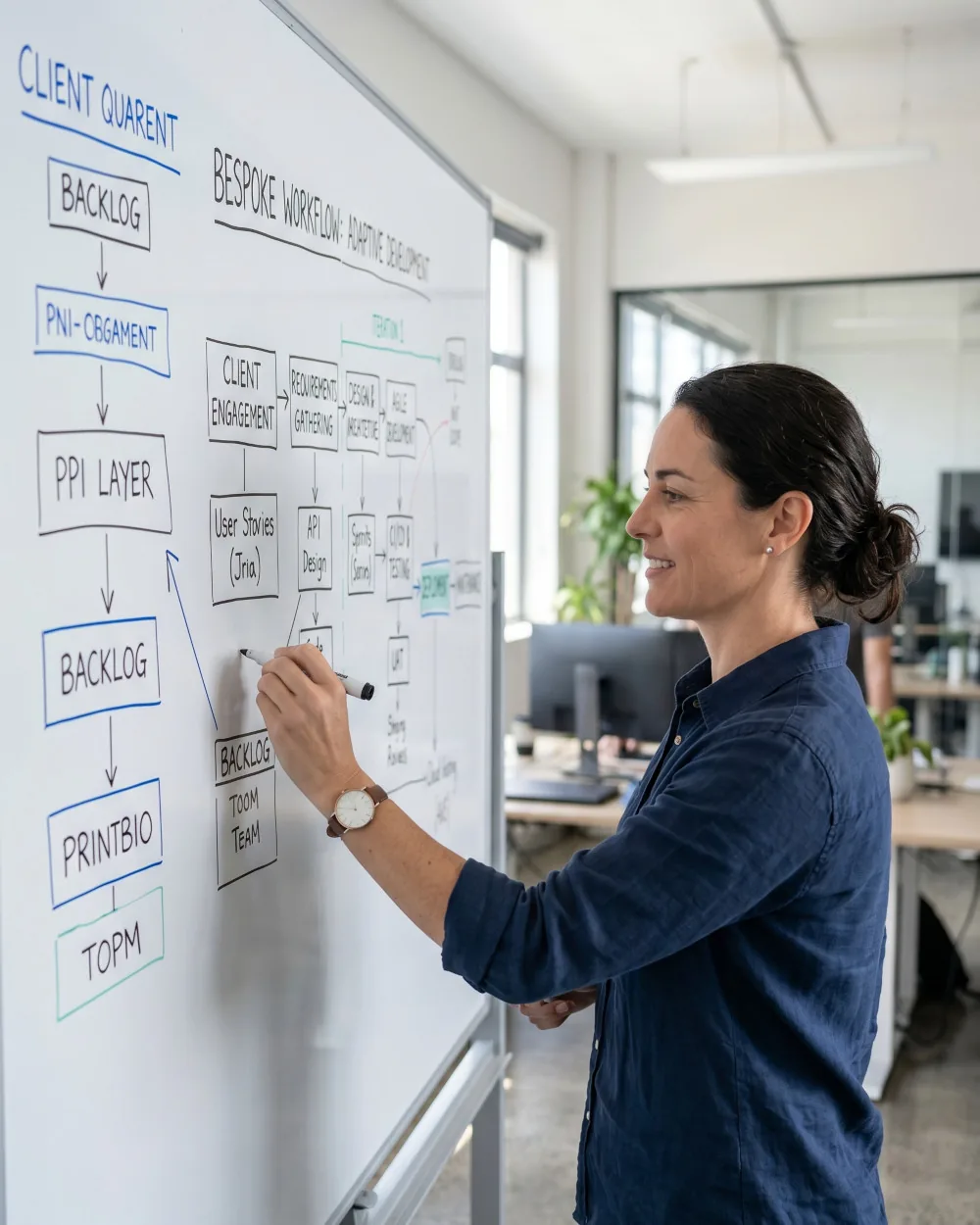 A software engineer at a whiteboard, diagramming an adaptive bespoke workflow