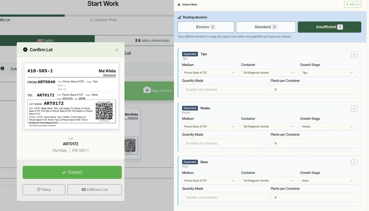 The Start Work screen with a Confirm Lot card on the left showing the next operation in English and Spanish, and an Outputs Made panel on the right with routing decision tabs and pre-filled output rows for each downstream stage
